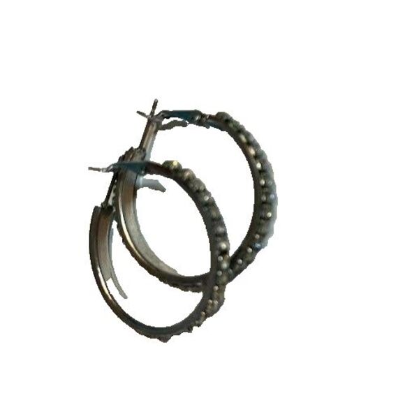 2 Prs of Bohochic Silver Hoop Earrings, 2" All Silver, 1.24" Silver Rhinestones - Picture 2 of 5